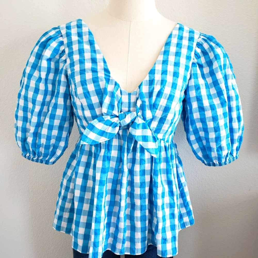 LILLY PULITZER Sarafina Elbow-Length Sleeve Crinkle Gingham Blouse--8